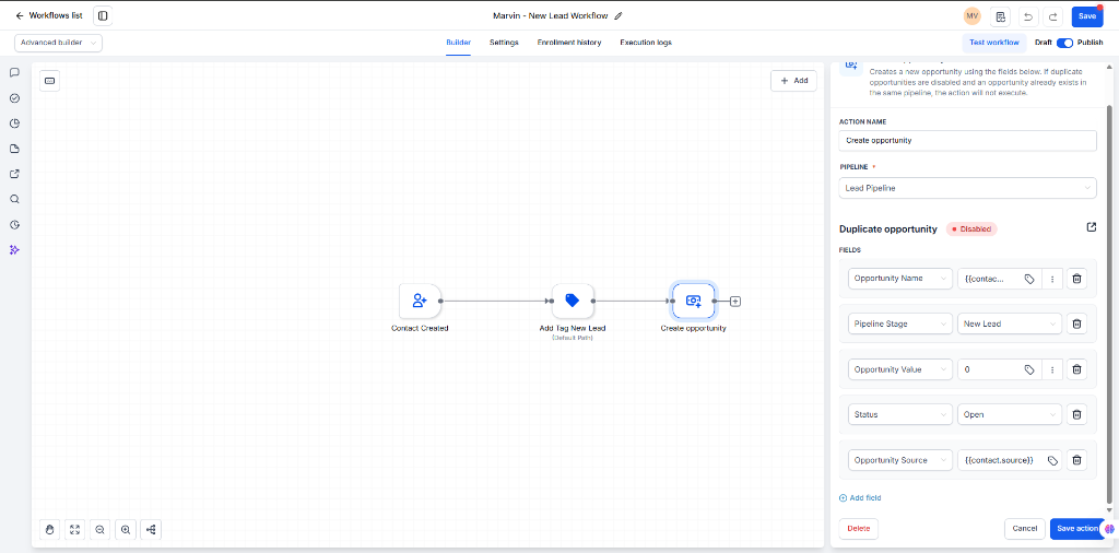 New Lead Workflow workflow screenshot