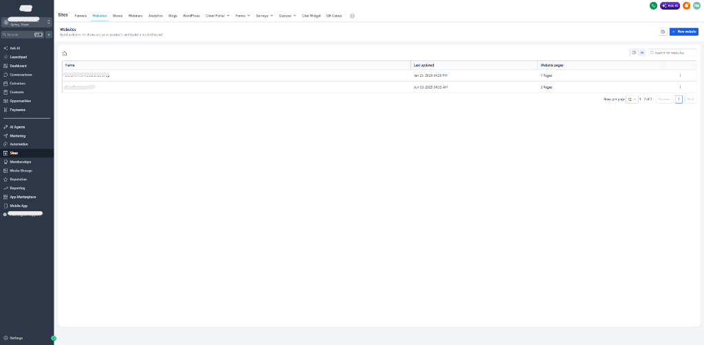 Website Projects List screenshot